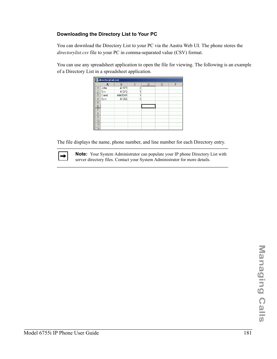 Downloading the directory list to your pc, Managing calls | Aastra Telecom 6755i User Manual | Page 189 / 276