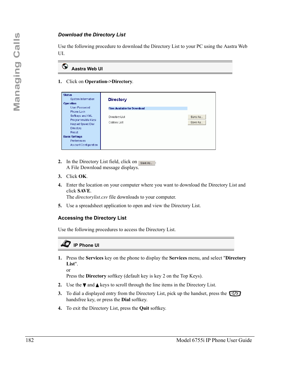 Download the directory list, Accessing the directory list, Managing calls | Aastra Telecom 6755i User Manual | Page 190 / 276