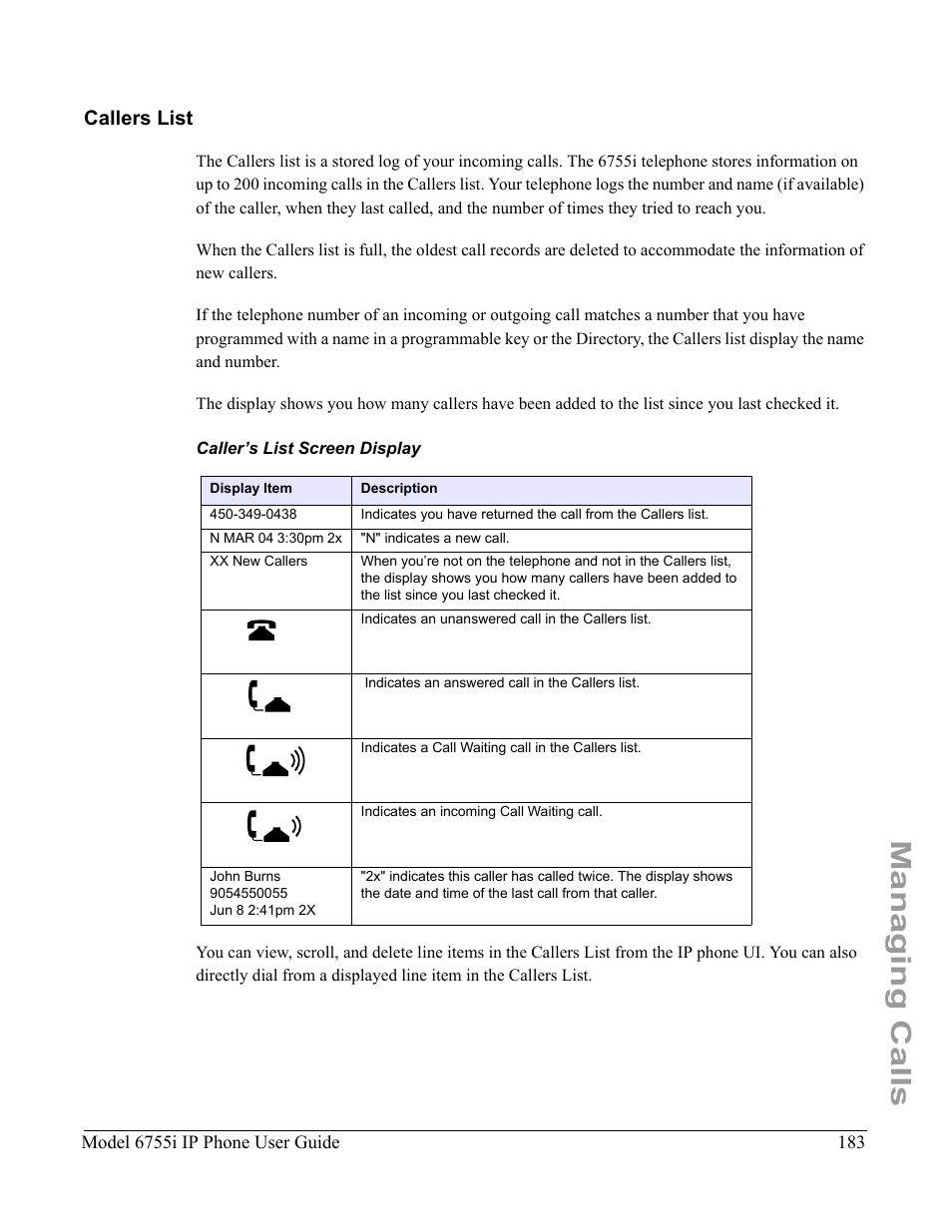 Callers list, Caller’s list screen display, Managing calls | Aastra Telecom 6755i User Manual | Page 191 / 276