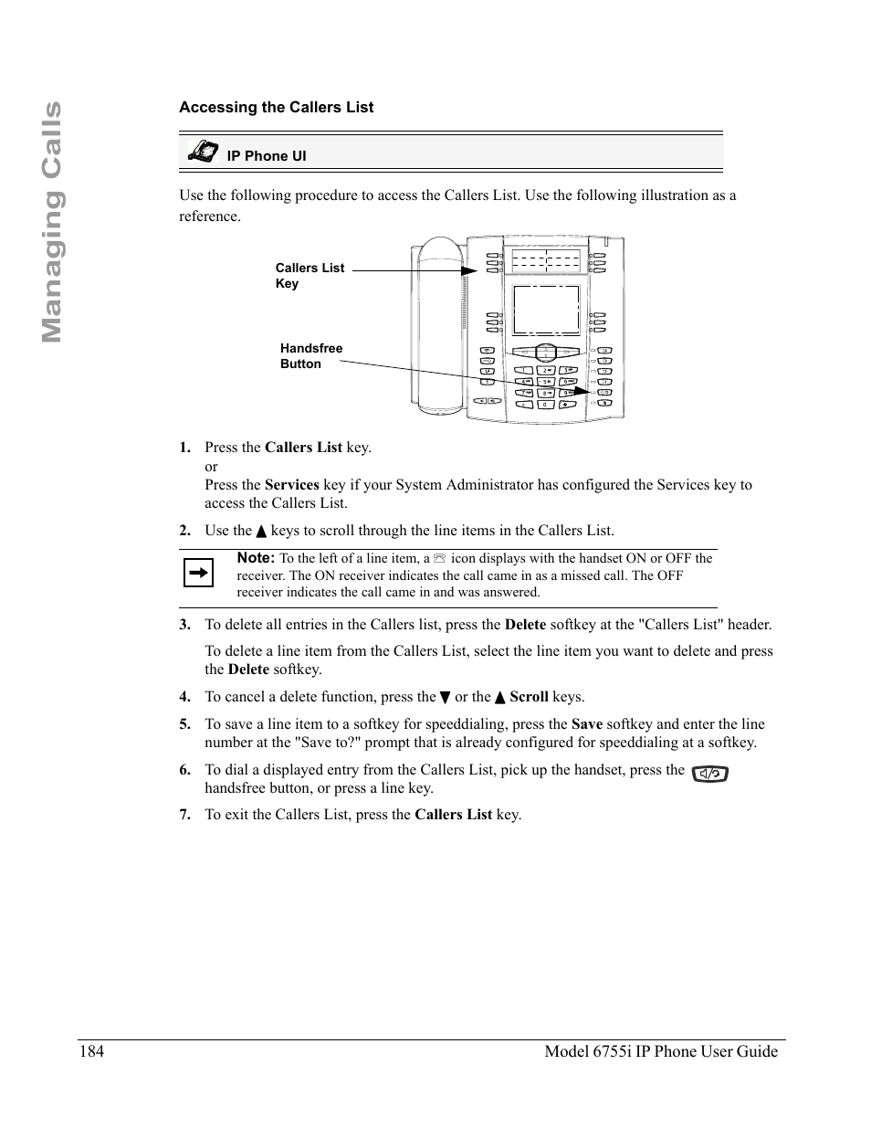 Accessing the callers list, Managing calls | Aastra Telecom 6755i User Manual | Page 192 / 276