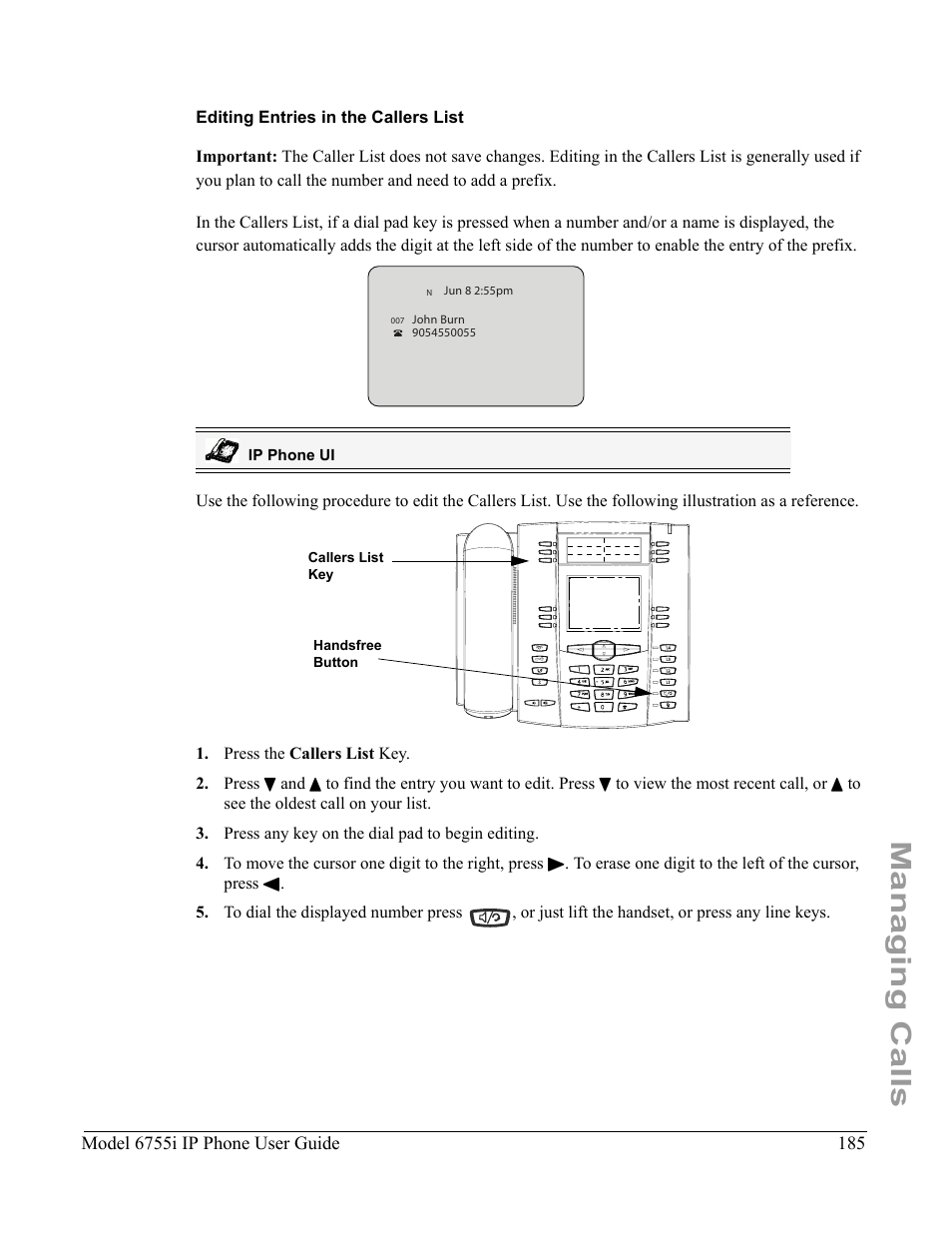 Editing entries in the callers list, Managing calls | Aastra Telecom 6755i User Manual | Page 193 / 276