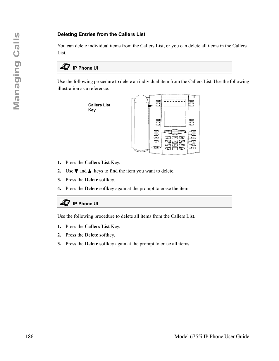 Deleting entries from the callers list, Managing calls | Aastra Telecom 6755i User Manual | Page 194 / 276