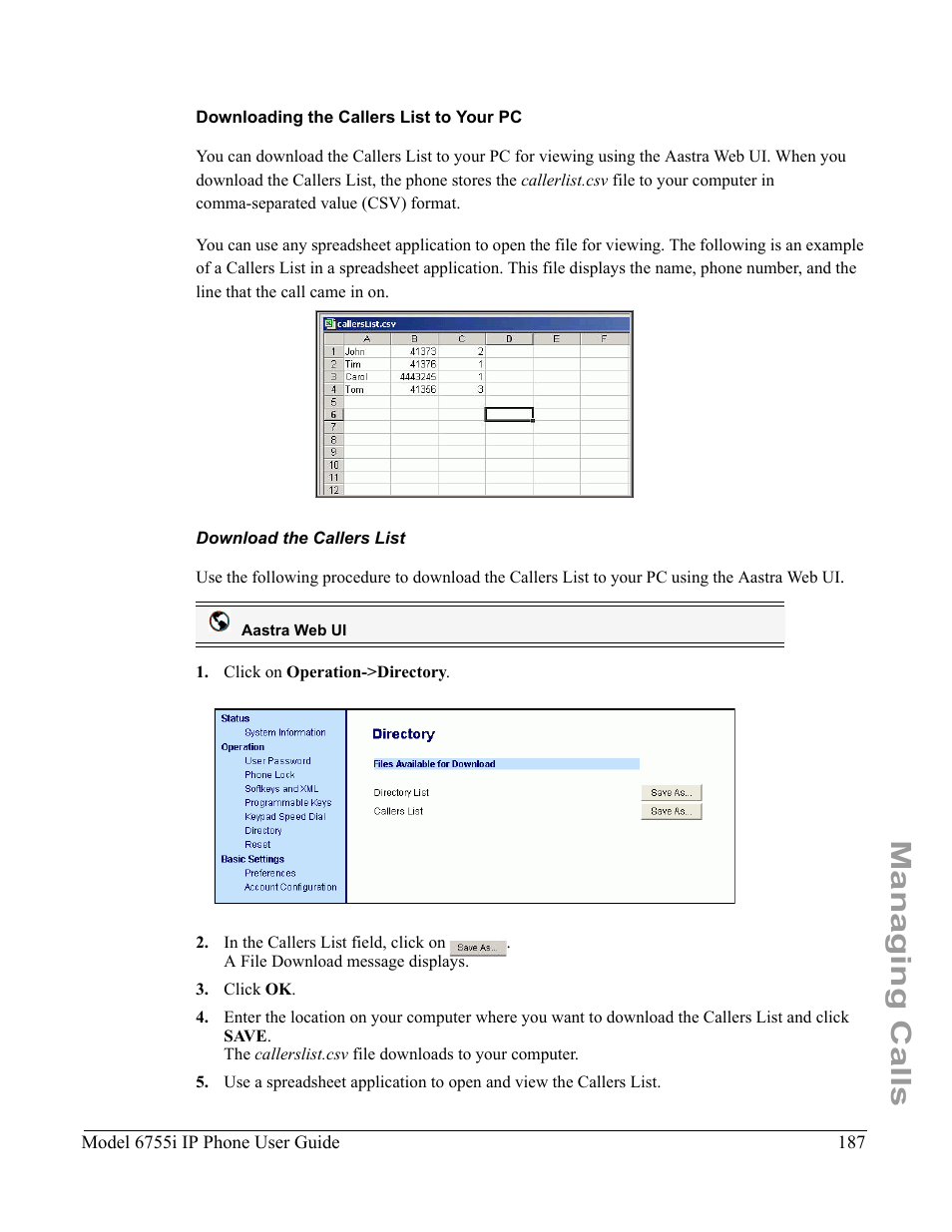 Downloading the callers list to your pc, Download the callers list, Managing calls | Aastra Telecom 6755i User Manual | Page 195 / 276