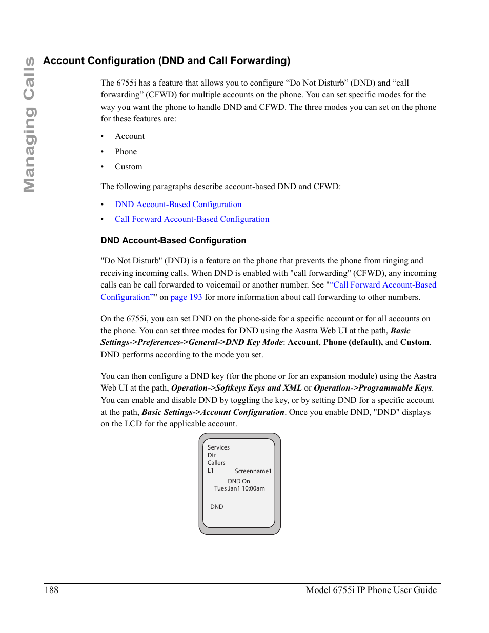 Account configuration (dnd and call forwarding), Dnd account-based configuration, Managing calls | Aastra Telecom 6755i User Manual | Page 196 / 276