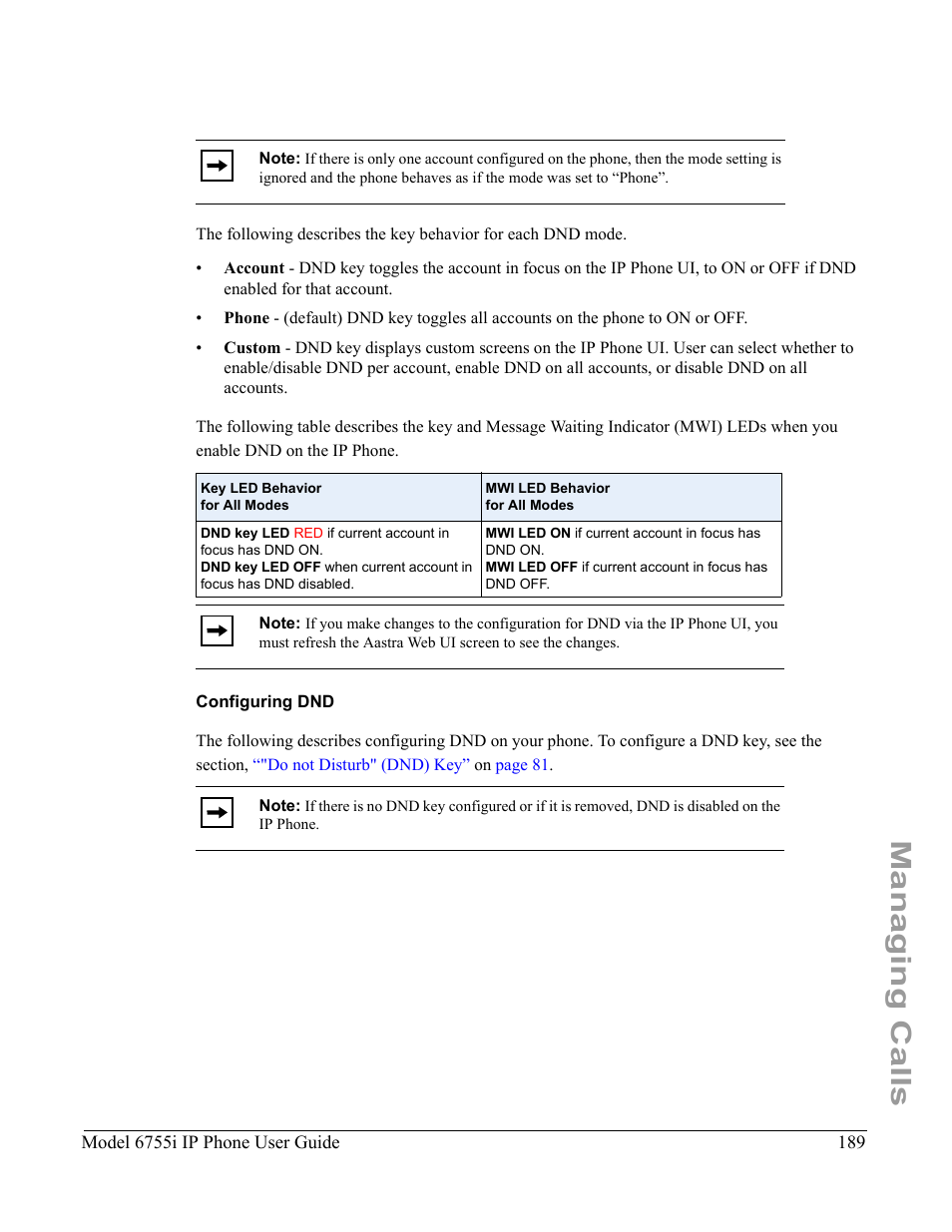 Configuring dnd, Managing calls | Aastra Telecom 6755i User Manual | Page 197 / 276