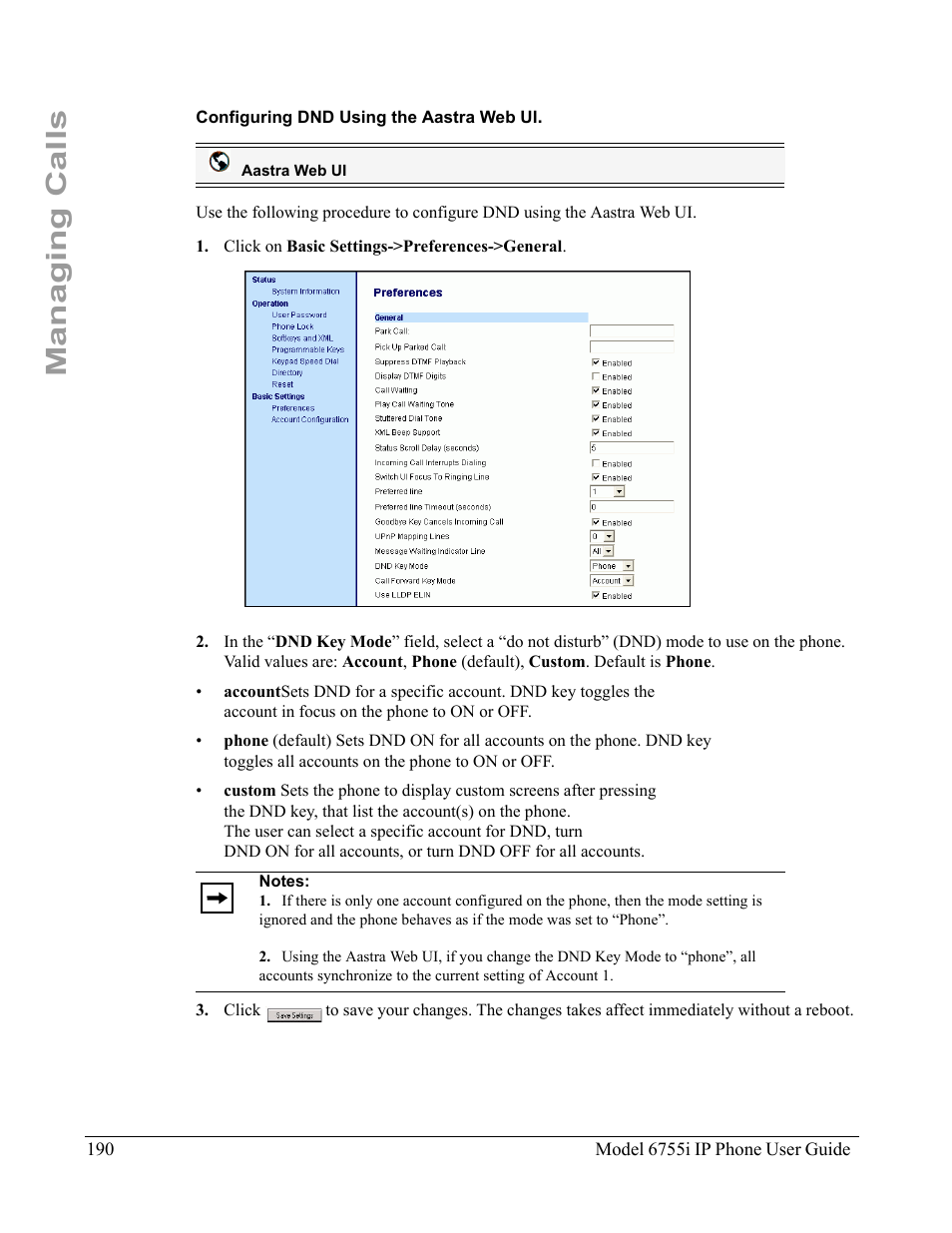 Configuring dnd using the aastra web ui, Managing calls | Aastra Telecom 6755i User Manual | Page 198 / 276