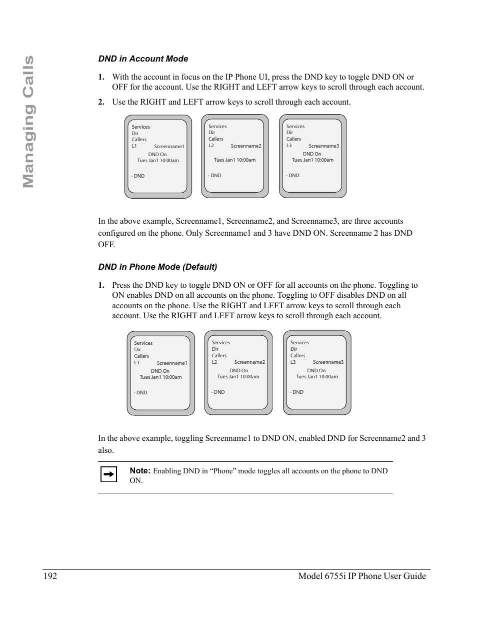 Dnd in account mode, Dnd in phone mode (default), Managing calls | Aastra Telecom 6755i User Manual | Page 200 / 276