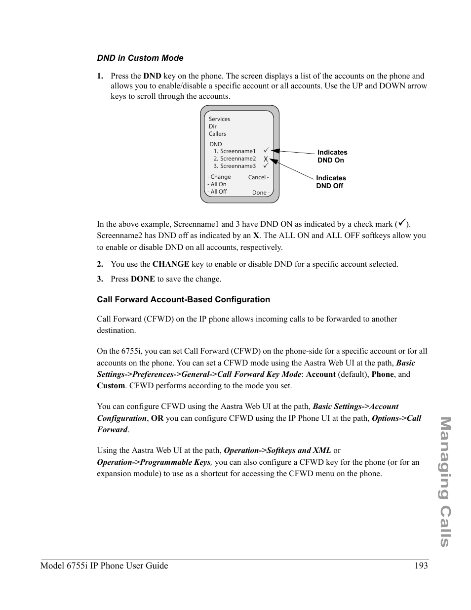 Dnd in custom mode, Call forward account-based configuration, Call forward | Account-based configuration, Call forward account-based, Configuration, Managing calls | Aastra Telecom 6755i User Manual | Page 201 / 276