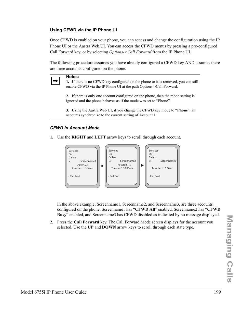 Using cfwd via the ip phone ui, Cfwd in account mode, Managing calls | Model 6755i ip phone user guide | Aastra Telecom 6755i User Manual | Page 207 / 276