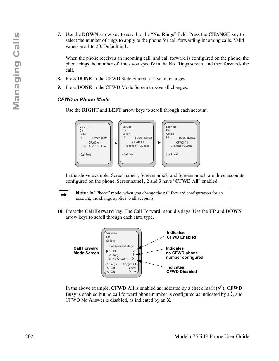 Cfwd in phone mode, Managing calls | Aastra Telecom 6755i User Manual | Page 210 / 276