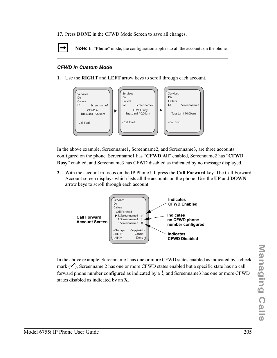 Cfwd in custom mode, Managing calls, Model 6755i ip phone user guide | Aastra Telecom 6755i User Manual | Page 213 / 276