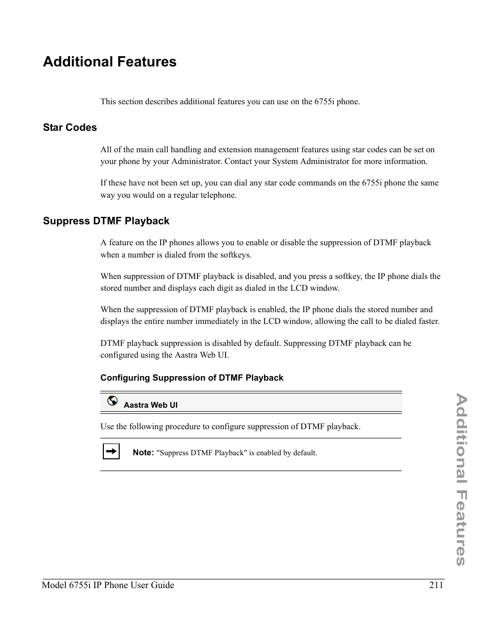 Additional features, Star codes, Suppress dtmf playback | Configuring suppression of dtmf playback, Star codes suppress dtmf playback | Aastra Telecom 6755i User Manual | Page 219 / 276