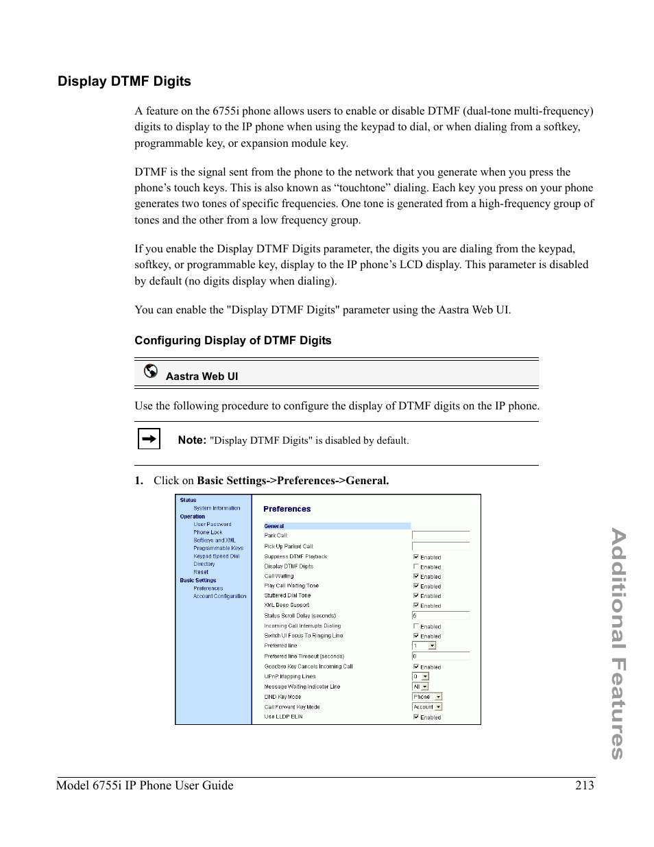 Display dtmf digits, Configuring display of dtmf digits, Additional features | Aastra Telecom 6755i User Manual | Page 221 / 276