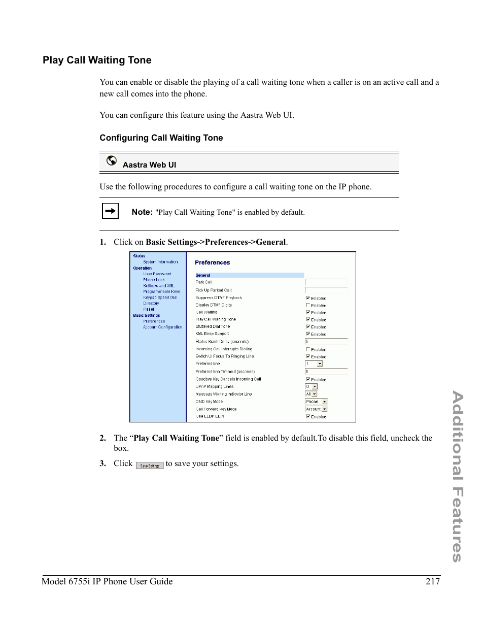 Play call waiting tone, Configuring call waiting tone, Additional features | Aastra Telecom 6755i User Manual | Page 225 / 276