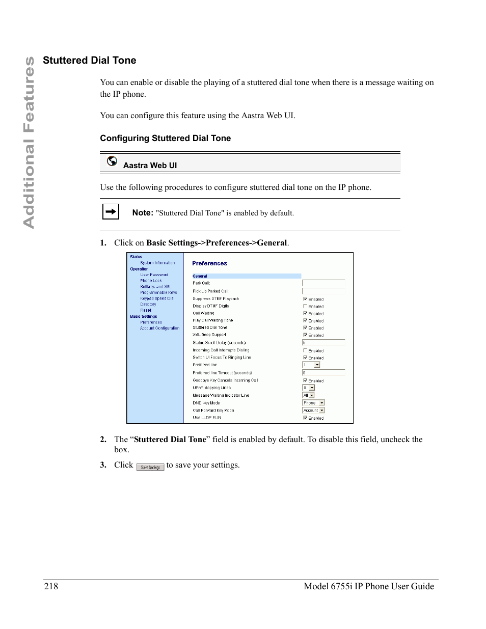 Stuttered dial tone, Configuring stuttered dial tone, Additional features | Aastra Telecom 6755i User Manual | Page 226 / 276