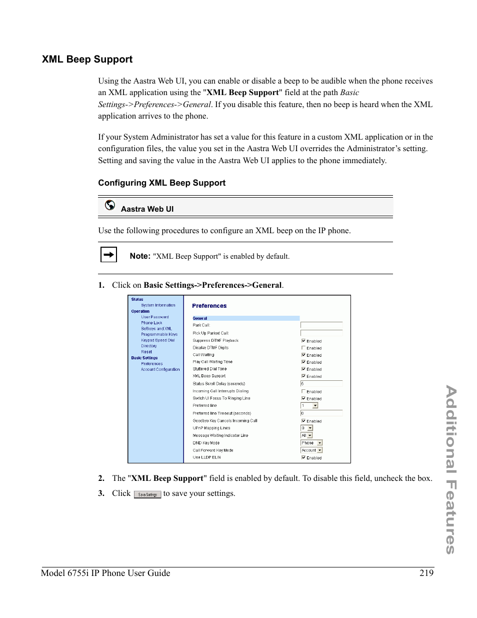 Xml beep support, Configuring xml beep support, Additional features | Aastra Telecom 6755i User Manual | Page 227 / 276