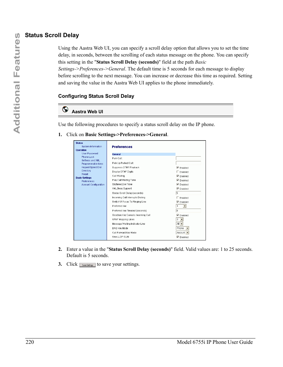 Status scroll delay, Configuring status scroll delay, Additional features | Aastra Telecom 6755i User Manual | Page 228 / 276