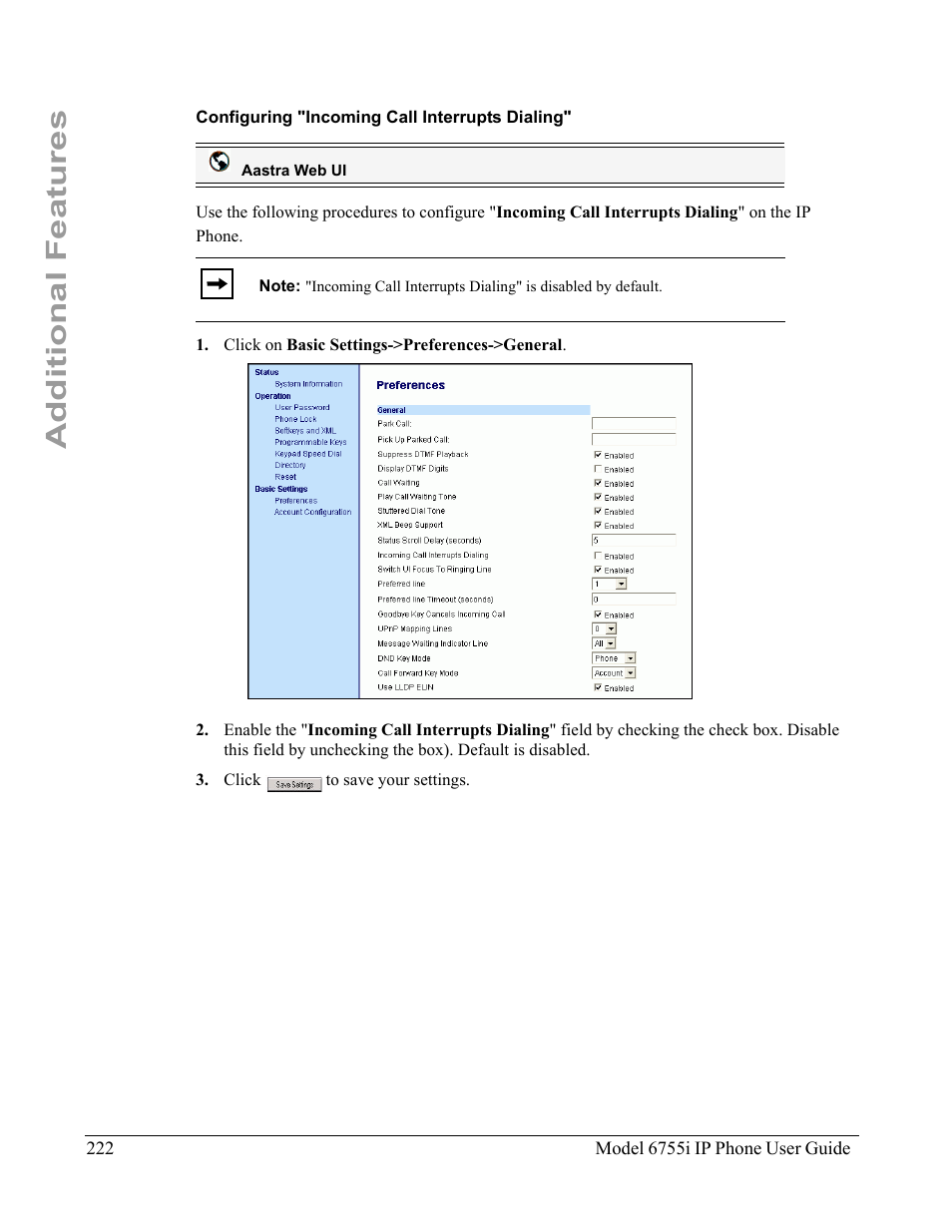 Configuring "incoming call interrupts dialing, Additional features | Aastra Telecom 6755i User Manual | Page 230 / 276