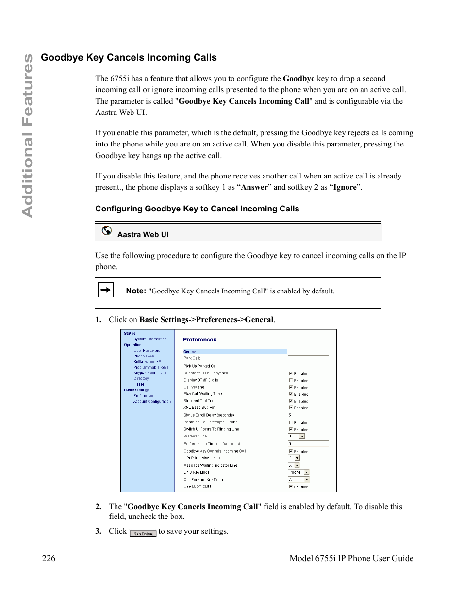 Goodbye key cancels incoming calls, Configuring goodbye key to cancel incoming calls, Additional features | Aastra Telecom 6755i User Manual | Page 234 / 276