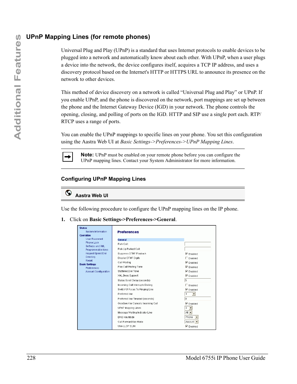 Upnp mapping lines (for remote phones), Configuring upnp mapping lines, Additional features | Aastra Telecom 6755i User Manual | Page 236 / 276