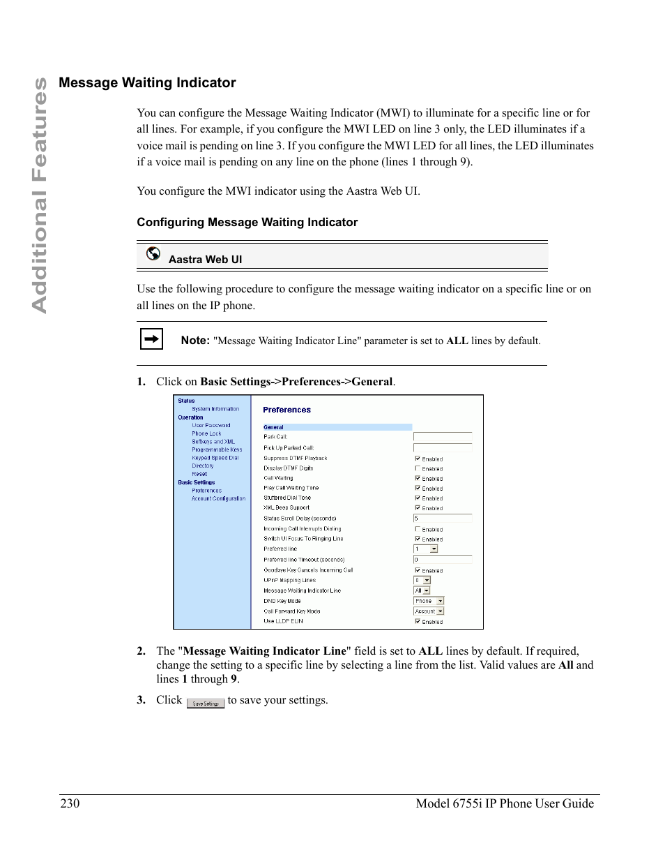 Message waiting indicator, Configuring message waiting indicator, Additional features | Aastra Telecom 6755i User Manual | Page 238 / 276