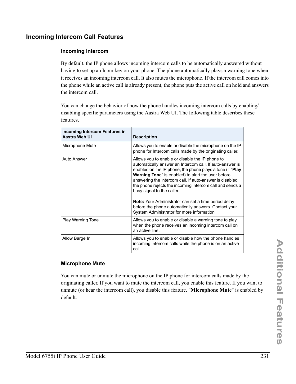 Incoming intercom call features, Incoming intercom, Microphone mute | Additional features | Aastra Telecom 6755i User Manual | Page 239 / 276