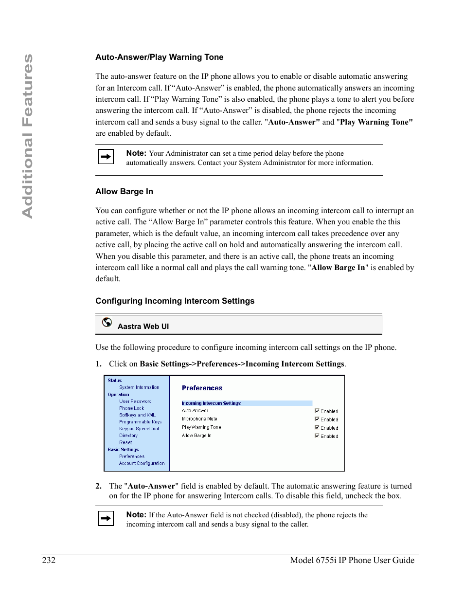 Auto-answer/play warning tone, Allow barge in, Configuring incoming intercom settings | Additional features | Aastra Telecom 6755i User Manual | Page 240 / 276
