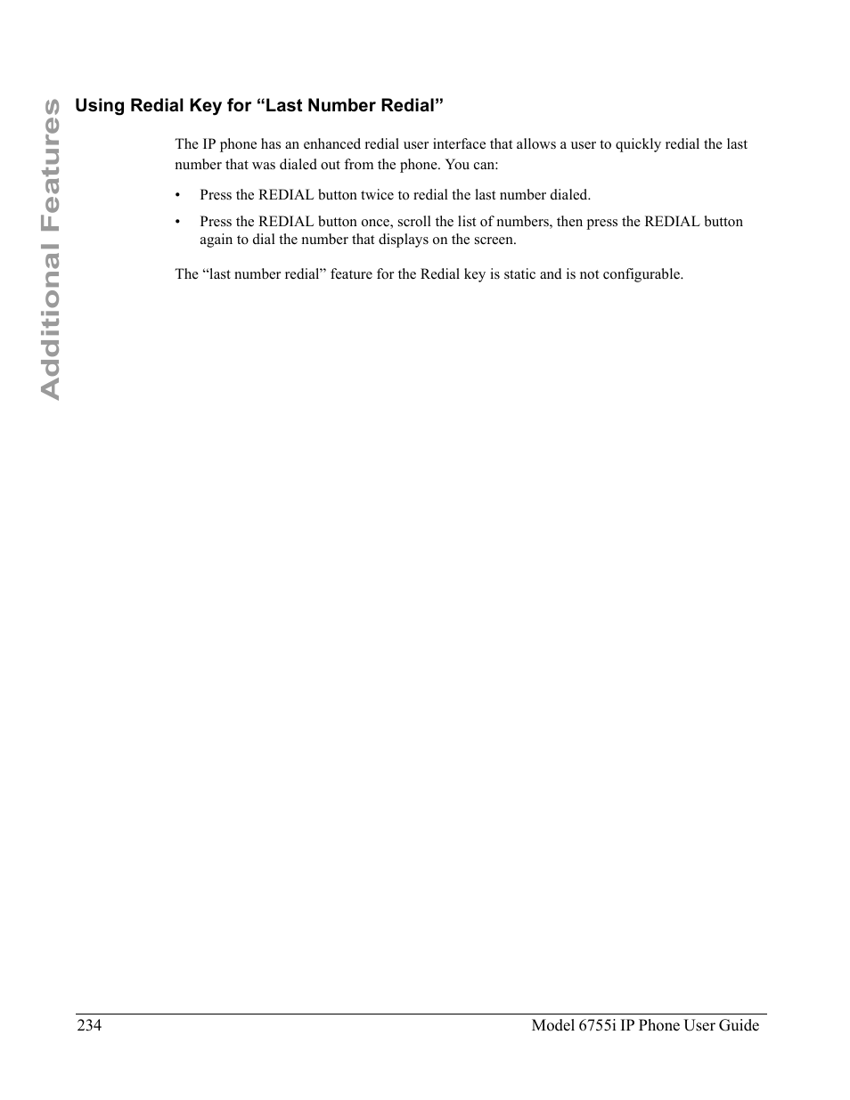 Using redial key for “last number redial, Additional features | Aastra Telecom 6755i User Manual | Page 242 / 276