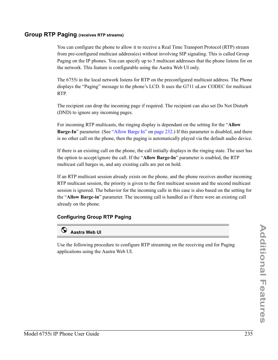 Group rtp paging (receives rtp streams), Configuring group rtp paging, Group rtp paging (receives rtp | Streams), Group rtp paging, Receives rtp streams), Additional features | Aastra Telecom 6755i User Manual | Page 243 / 276