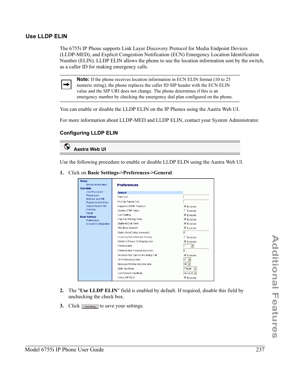 Use lldp elin, Configuring lldp elin, Additional features | Aastra Telecom 6755i User Manual | Page 245 / 276