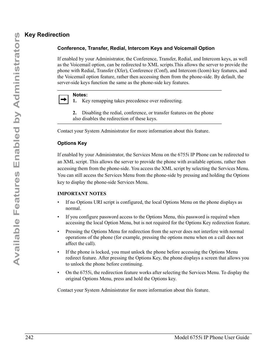 Key redirection, Options key, Available features enabled by administrators | Aastra Telecom 6755i User Manual | Page 250 / 276