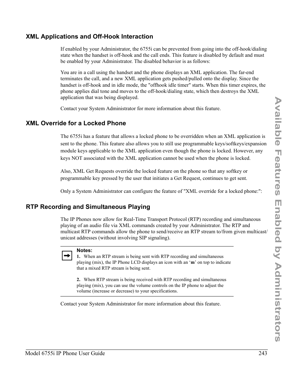 Xml applications and off-hook interaction, Xml override for a locked phone, Rtp recording and simultaneous playing | Available features enabled by administrators | Aastra Telecom 6755i User Manual | Page 251 / 276