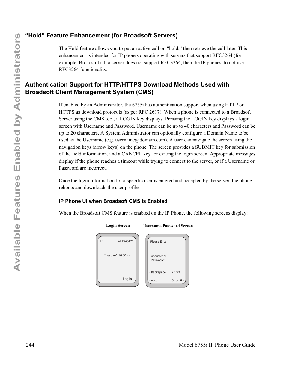 Hold” feature enhancement (for broadsoft servers), Ip phone ui when broadsoft cms is enabled, Available features enabled by administrators | Aastra Telecom 6755i User Manual | Page 252 / 276