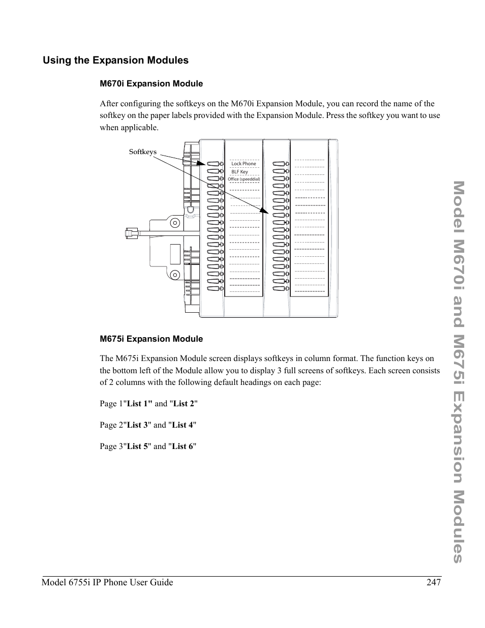 Using the expansion modules, M670i expansion module, M675i expansion module | Using the expansion, Modules | Aastra Telecom 6755i User Manual | Page 255 / 276