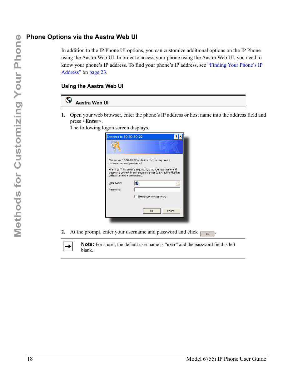 Phone options via the aastra web ui, Using the aastra web ui, Methods for customizing your phone | Aastra Telecom 6755i User Manual | Page 26 / 276