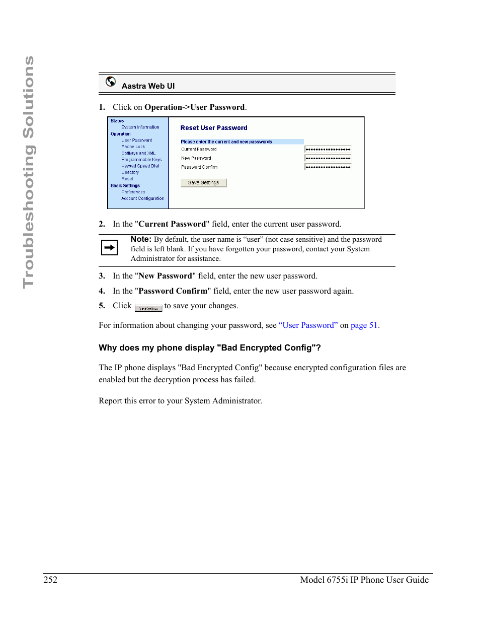 Why does my phone display "bad encrypted config, Troubleshooting solutions | Aastra Telecom 6755i User Manual | Page 260 / 276