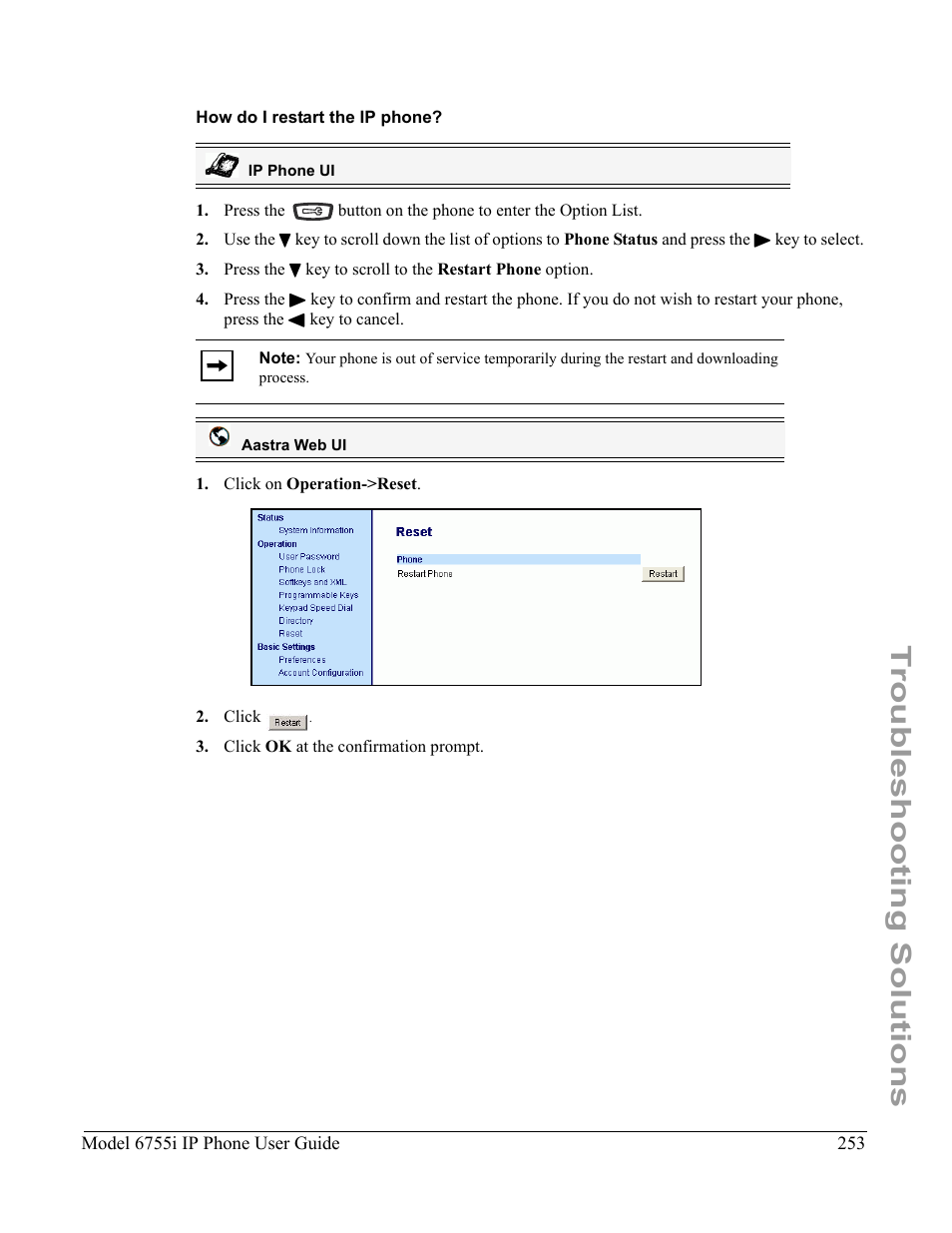 How do i restart the ip phone, Troubleshooting solutions | Aastra Telecom 6755i User Manual | Page 261 / 276