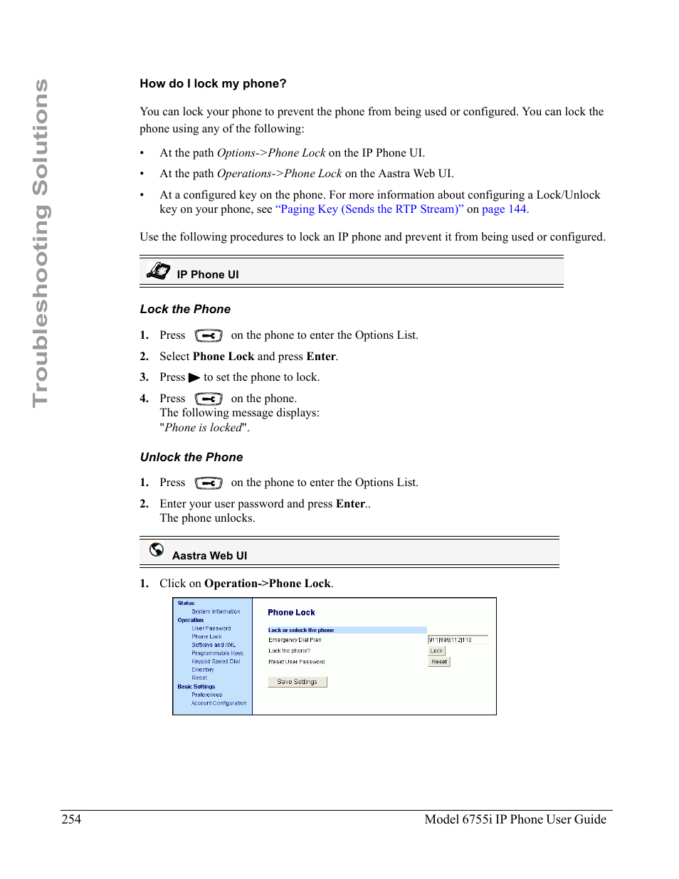 How do i lock my phone, Lock the phone, Unlock the phone | Troubleshooting solutions | Aastra Telecom 6755i User Manual | Page 262 / 276