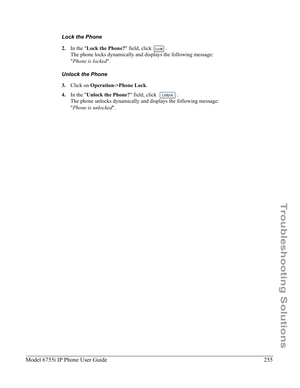 Lock the phone, Unlock the phone, Troubleshooting solutions | Aastra Telecom 6755i User Manual | Page 263 / 276