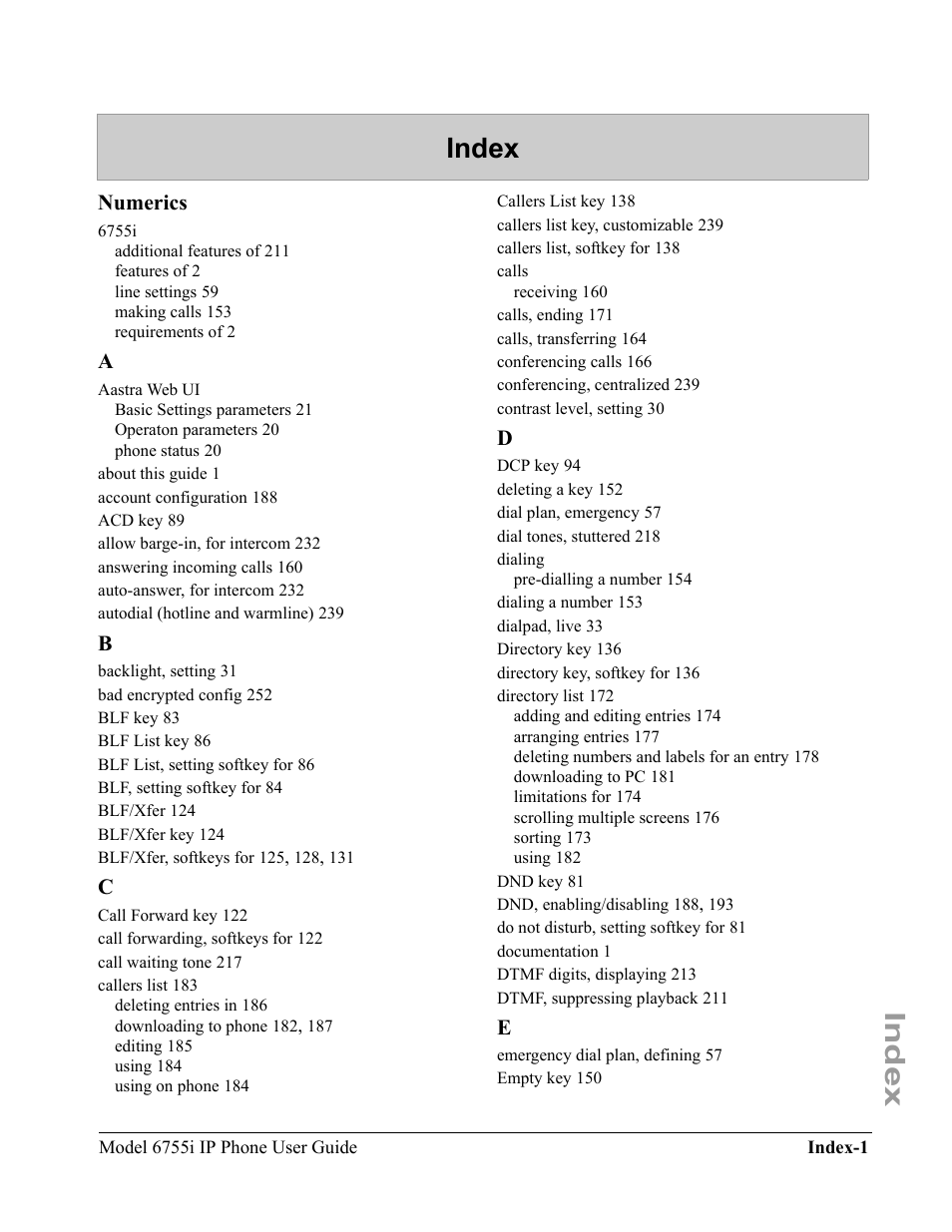 Index, Numerics | Aastra Telecom 6755i User Manual | Page 271 / 276