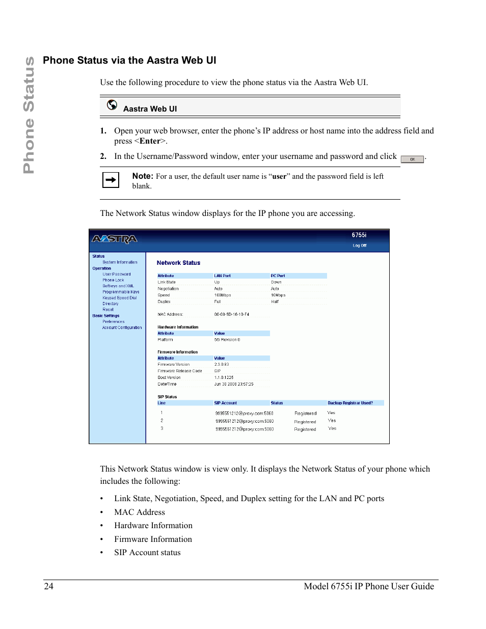 Phone status via the aastra web ui, Phone status | Aastra Telecom 6755i User Manual | Page 32 / 276