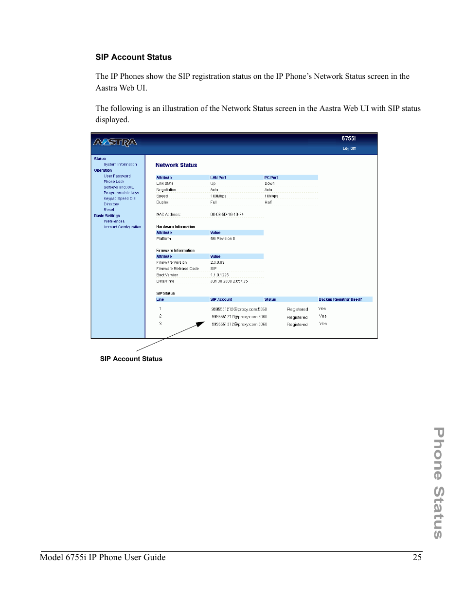 Sip account status, Phone status | Aastra Telecom 6755i User Manual | Page 33 / 276