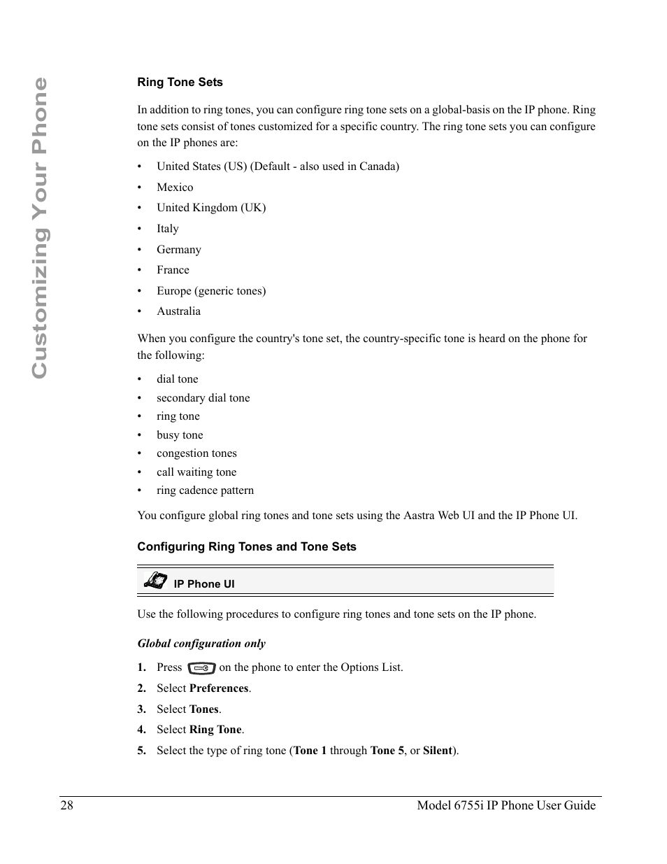 Ring tone sets, Configuring ring tones and tone sets, Customizing your phone | Aastra Telecom 6755i User Manual | Page 36 / 276