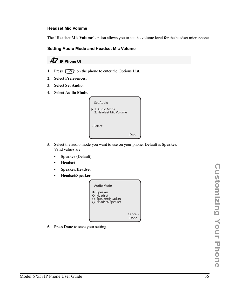 Headset mic volume, Setting audio mode and headset mic volume, Customizing your phone | Aastra Telecom 6755i User Manual | Page 43 / 276