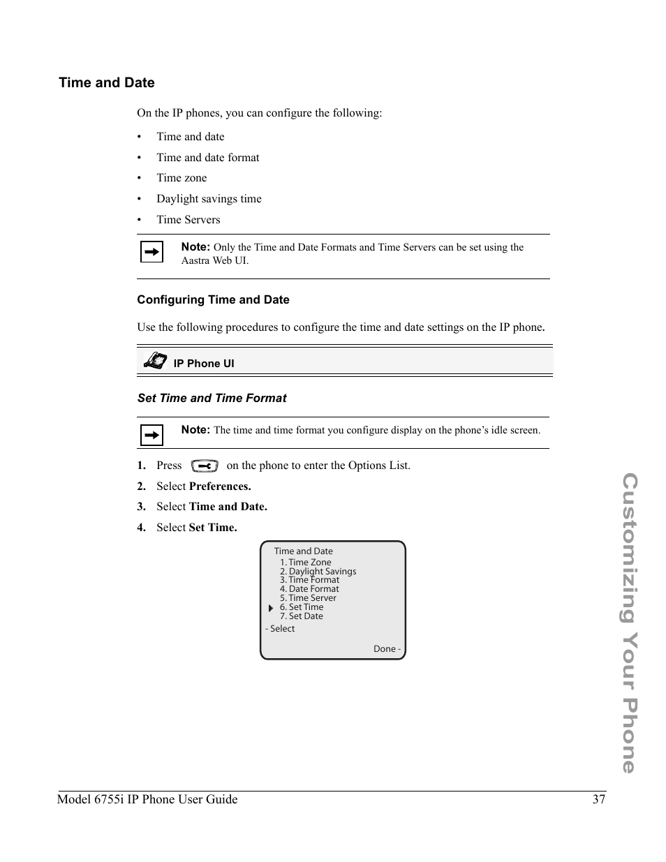 Time and date, Configuring time and date, Set time and time format | Customizing your phone | Aastra Telecom 6755i User Manual | Page 45 / 276