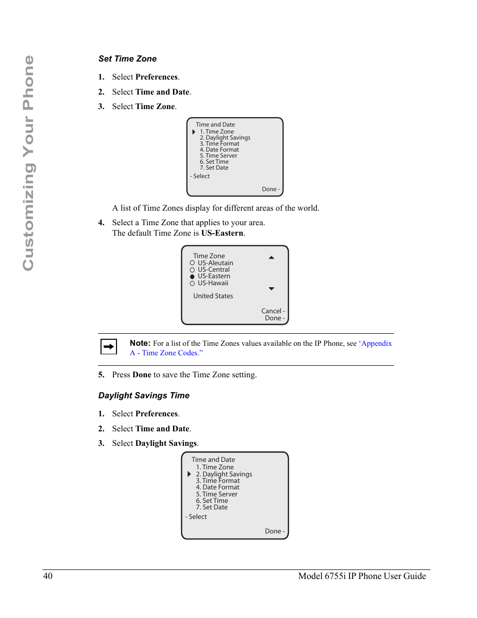 Set time zone, Daylight savings time, Customizing your phone | Aastra Telecom 6755i User Manual | Page 48 / 276