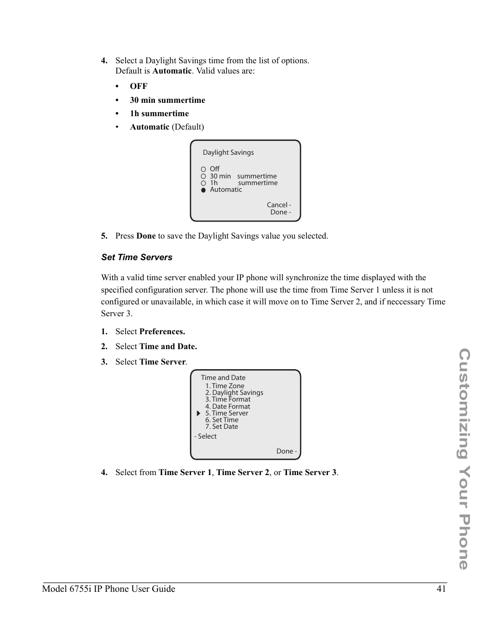 Set time servers, Customizing your phone | Aastra Telecom 6755i User Manual | Page 49 / 276