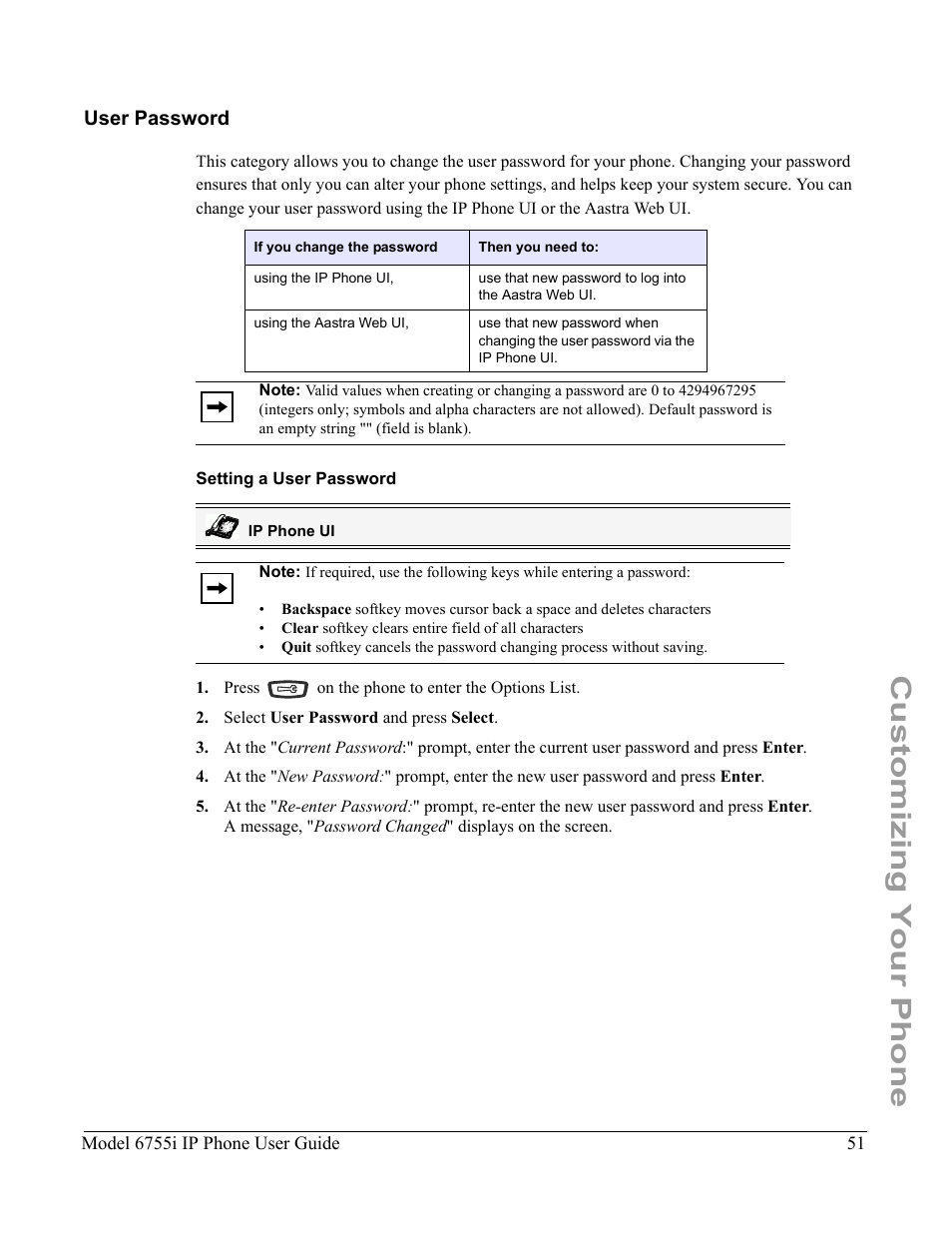 User password, Setting a user password, Customizing your phone | Aastra Telecom 6755i User Manual | Page 59 / 276