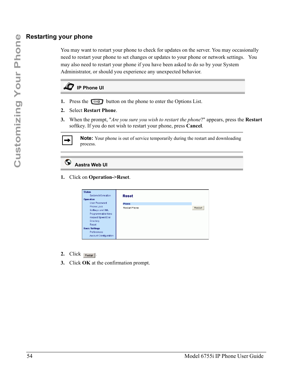 Restarting your phone, Customizing your phone | Aastra Telecom 6755i User Manual | Page 62 / 276