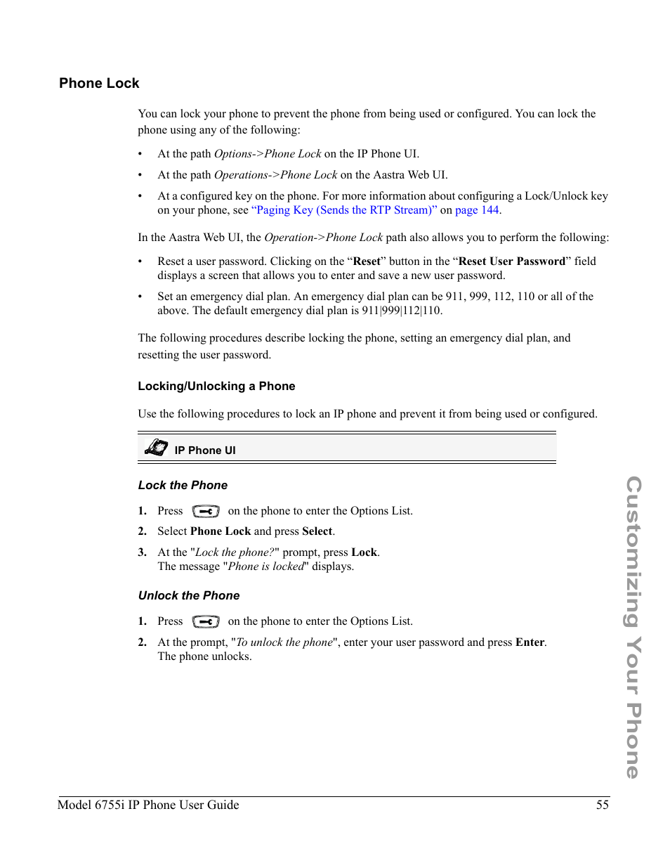 Phone lock, Locking/unlocking a phone, Lock the phone | Unlock the phone, Customizing your phone | Aastra Telecom 6755i User Manual | Page 63 / 276